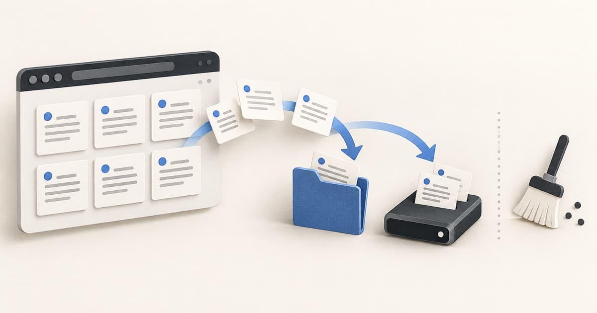 Browser note cards being copied safely to a folder and backup drive before cleanup