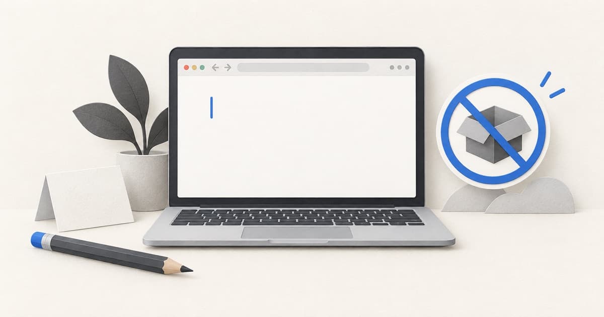 Laptop with a browser writing page and a symbol showing that no software installation is needed