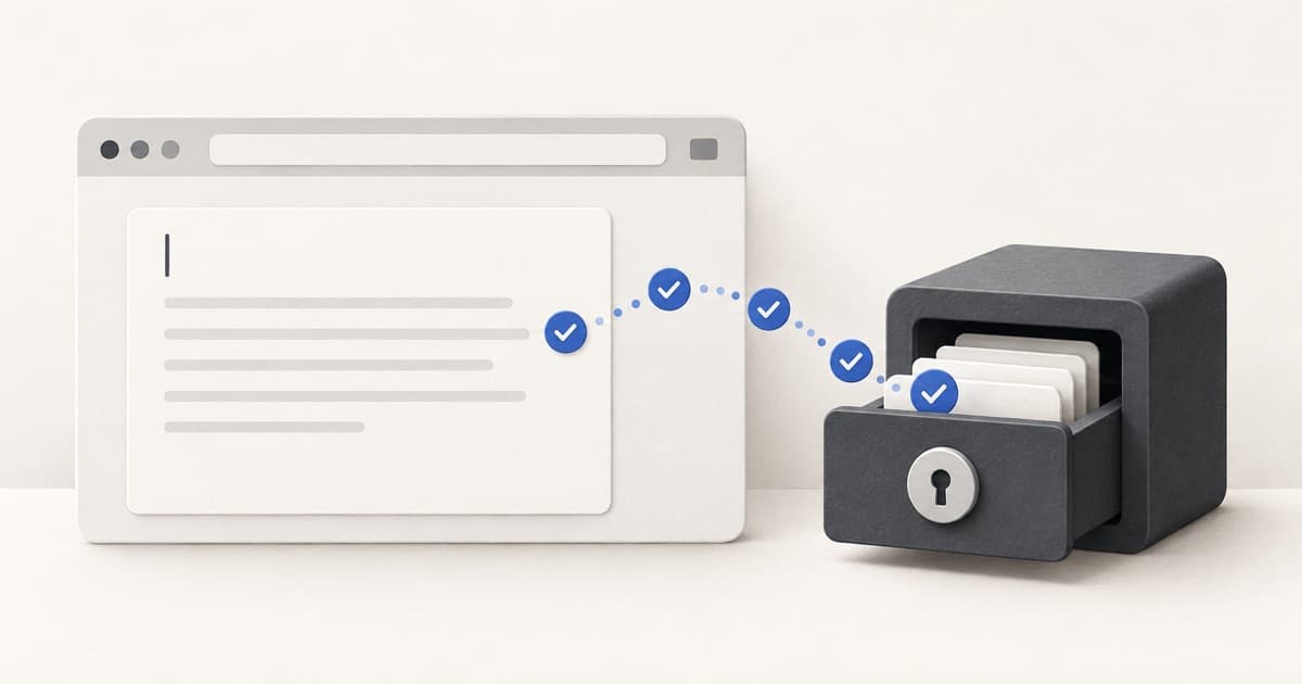 Browser writing page automatically saving note cards into secure local device storage